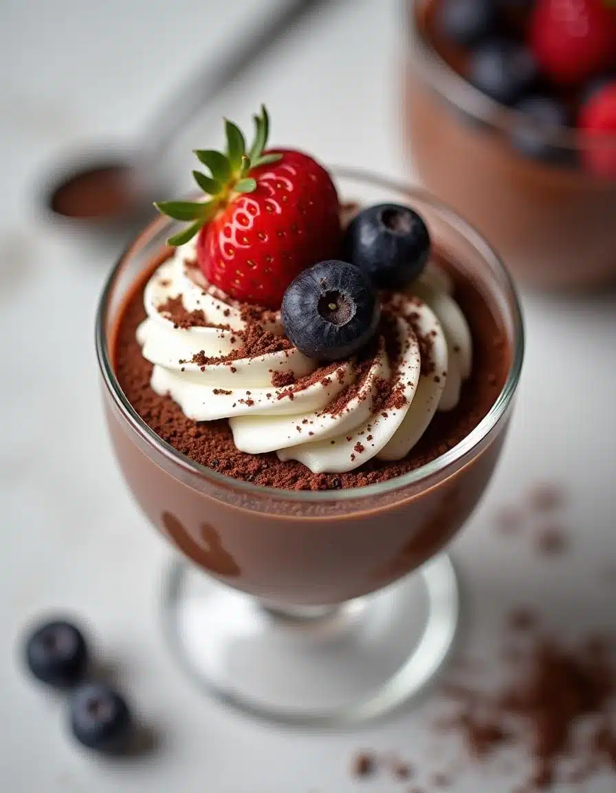 Beautifully presented chocolate mousse dessert with whipped cream and berries