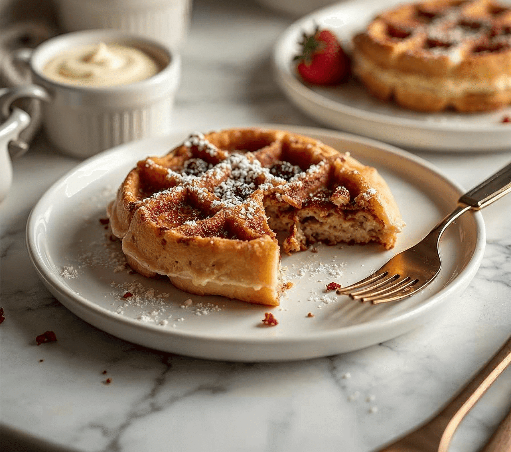 Cinnamon roll waffles served with cream cheese glaze and fresh fruit.