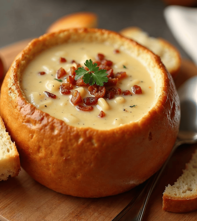 A clam chowder bread bowl garnished with bacon and parsley on a wooden board.