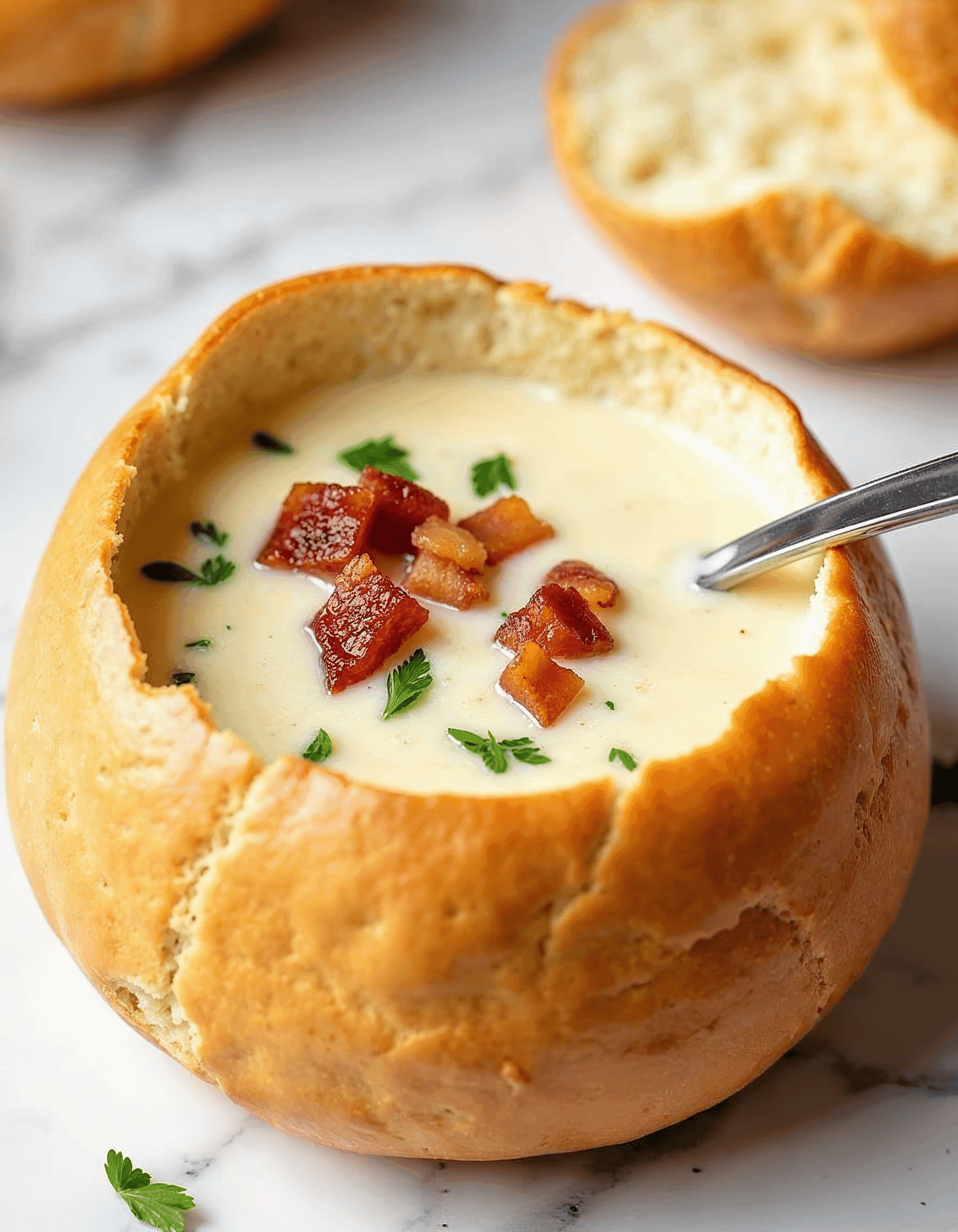 Hot clam chowder being ladled into a sourdough bread bowl.