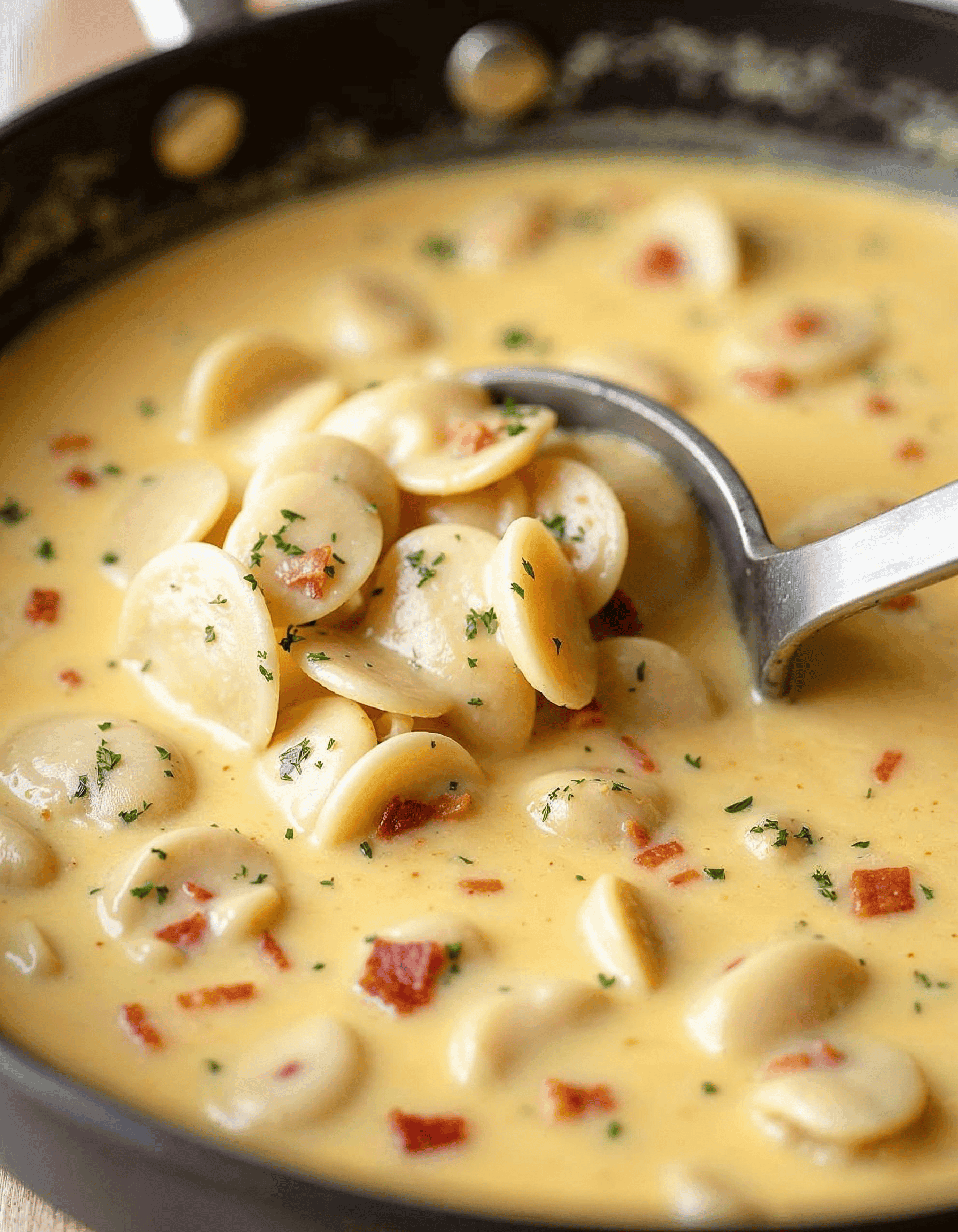 Clams and cream stirred into a thickening chowder in a skillet.