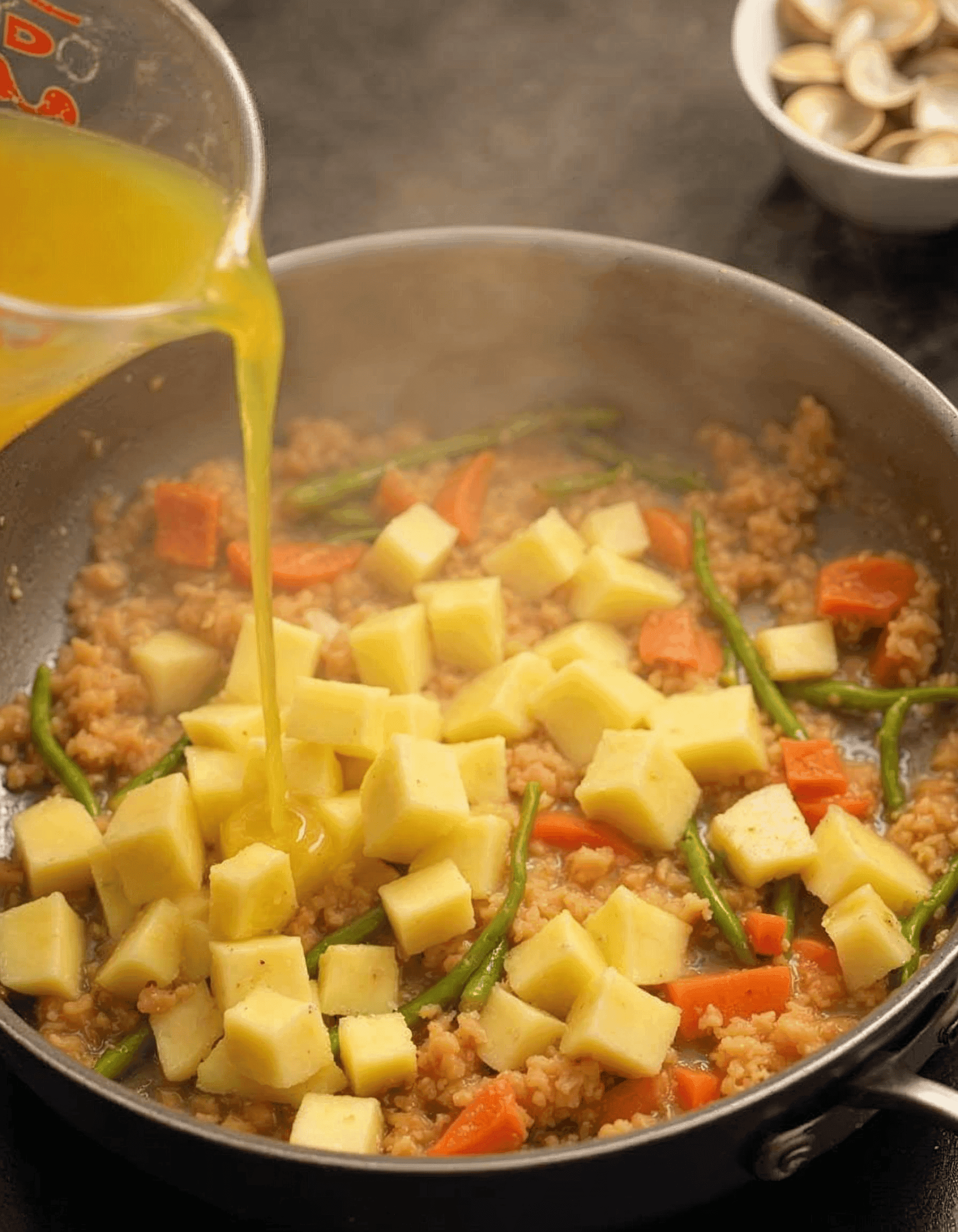 Potatoes and chicken stock simmering with vegetables in a skillet.