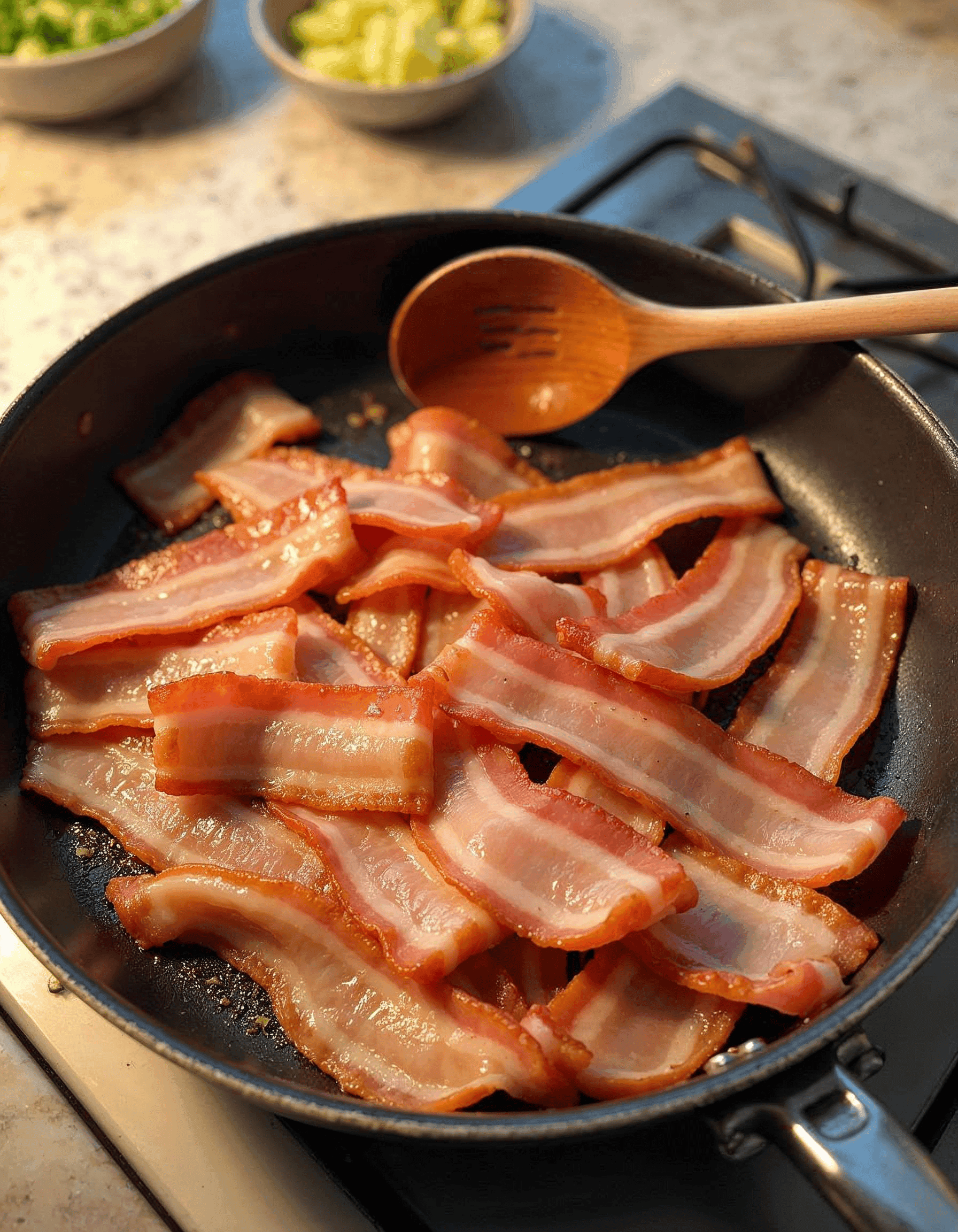 Bacon strips sizzling in a skillet, starting to crisp for clam chowder.