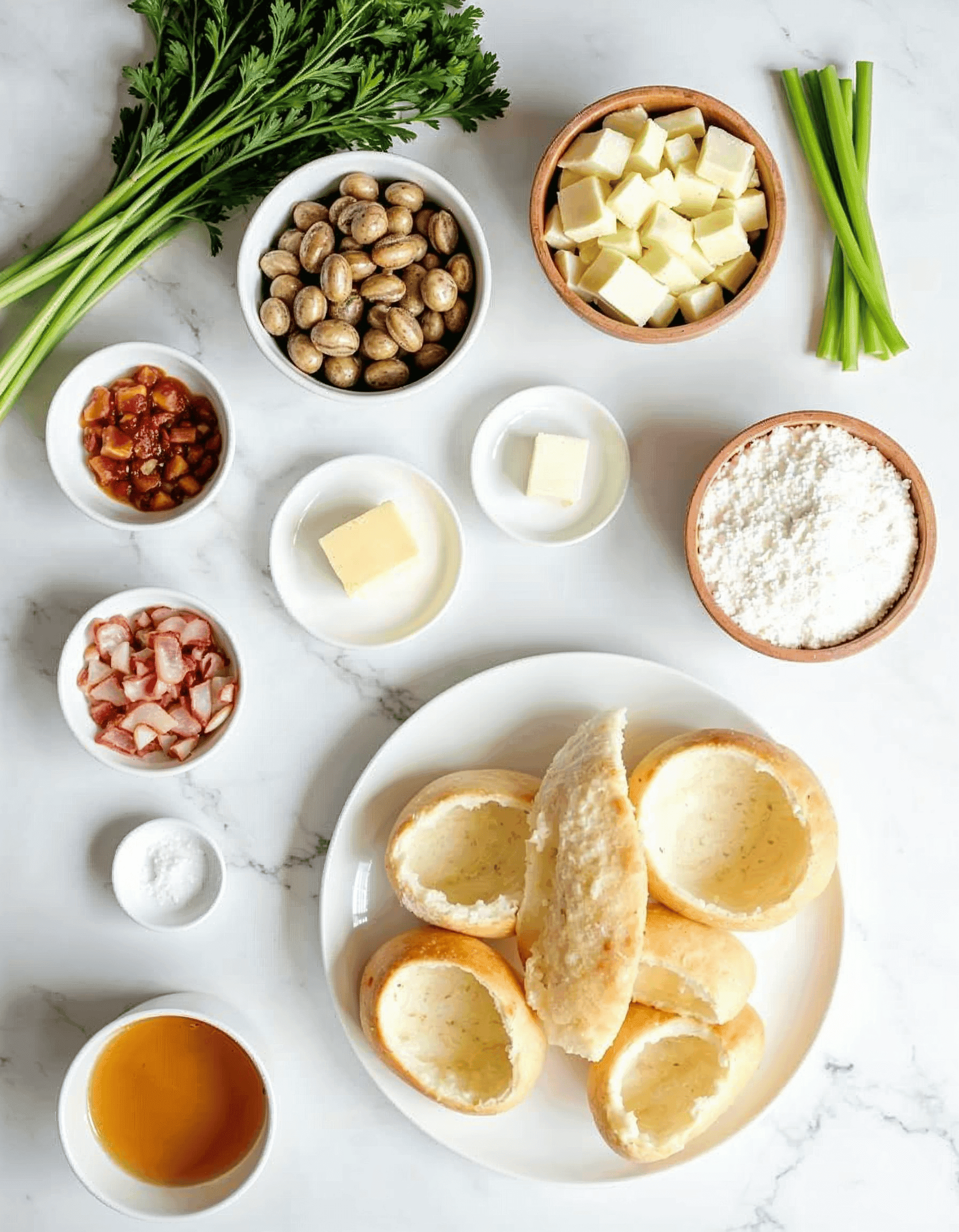 Ingredients for clam chowder bread bowls displayed on a white marble counter.