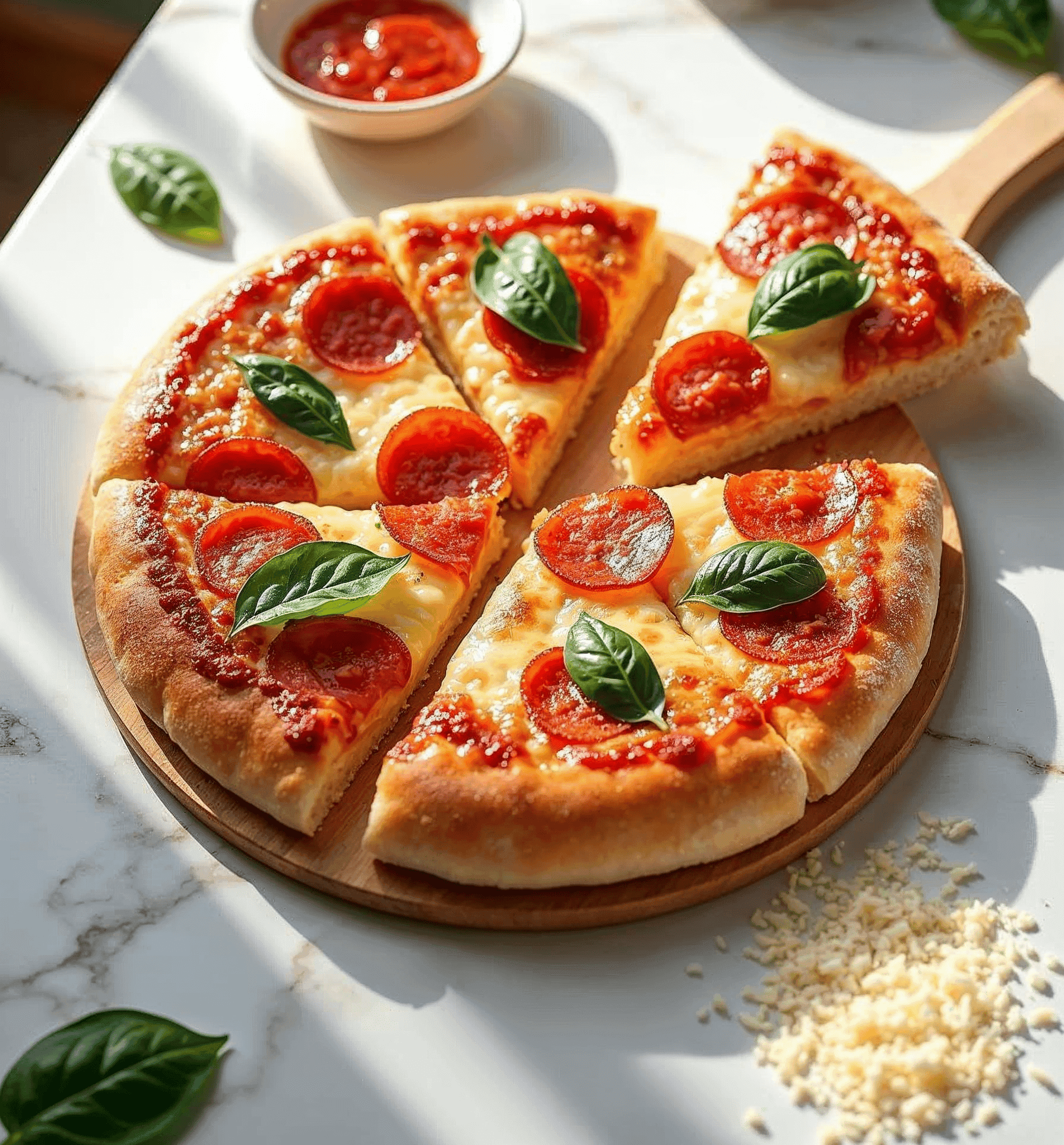 Sliced Cloud Bread Pizza with fresh basil.