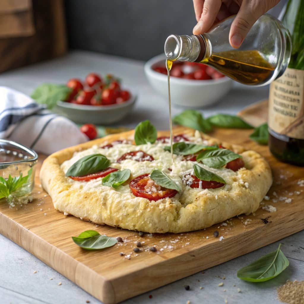 Garnishing Cloud Bread Pizza with fresh basil.