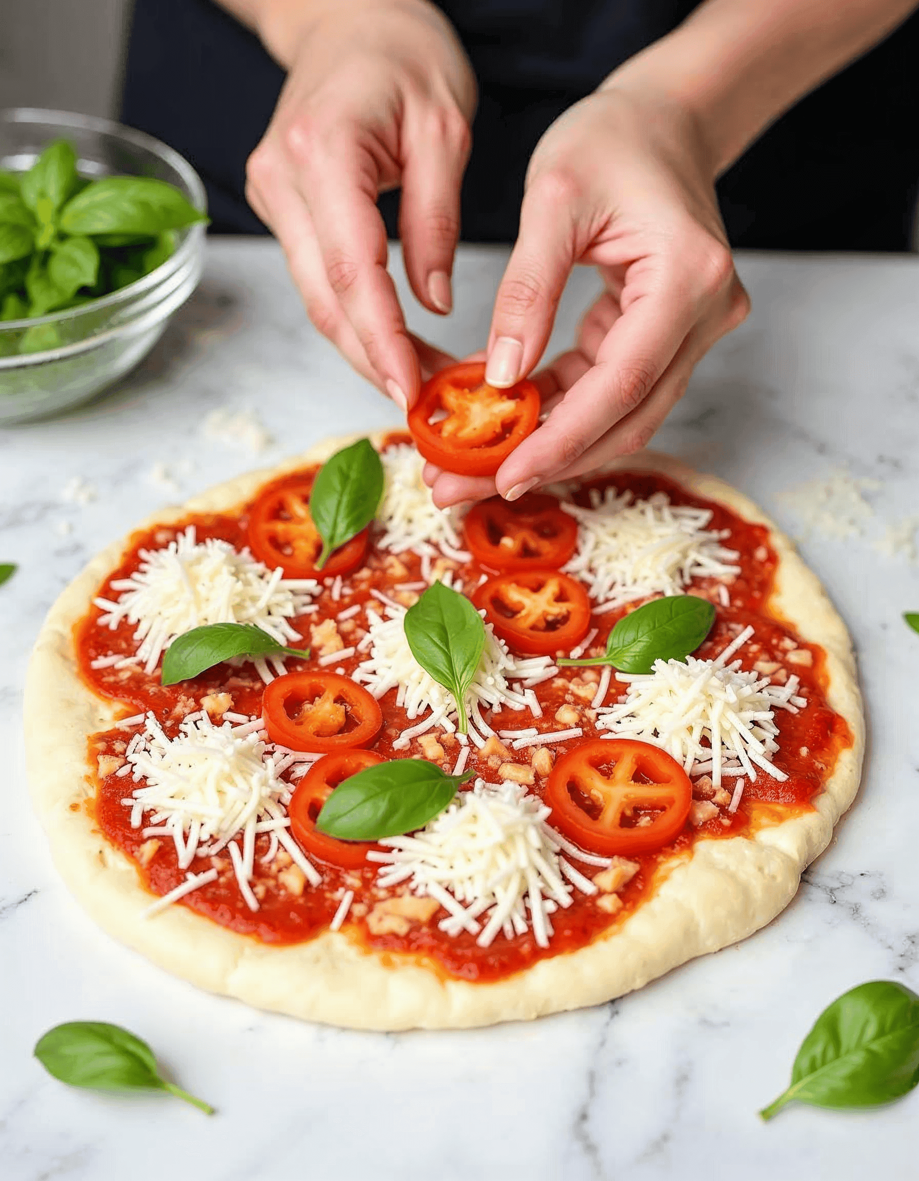 Assembling Cloud Bread Pizza with toppings.