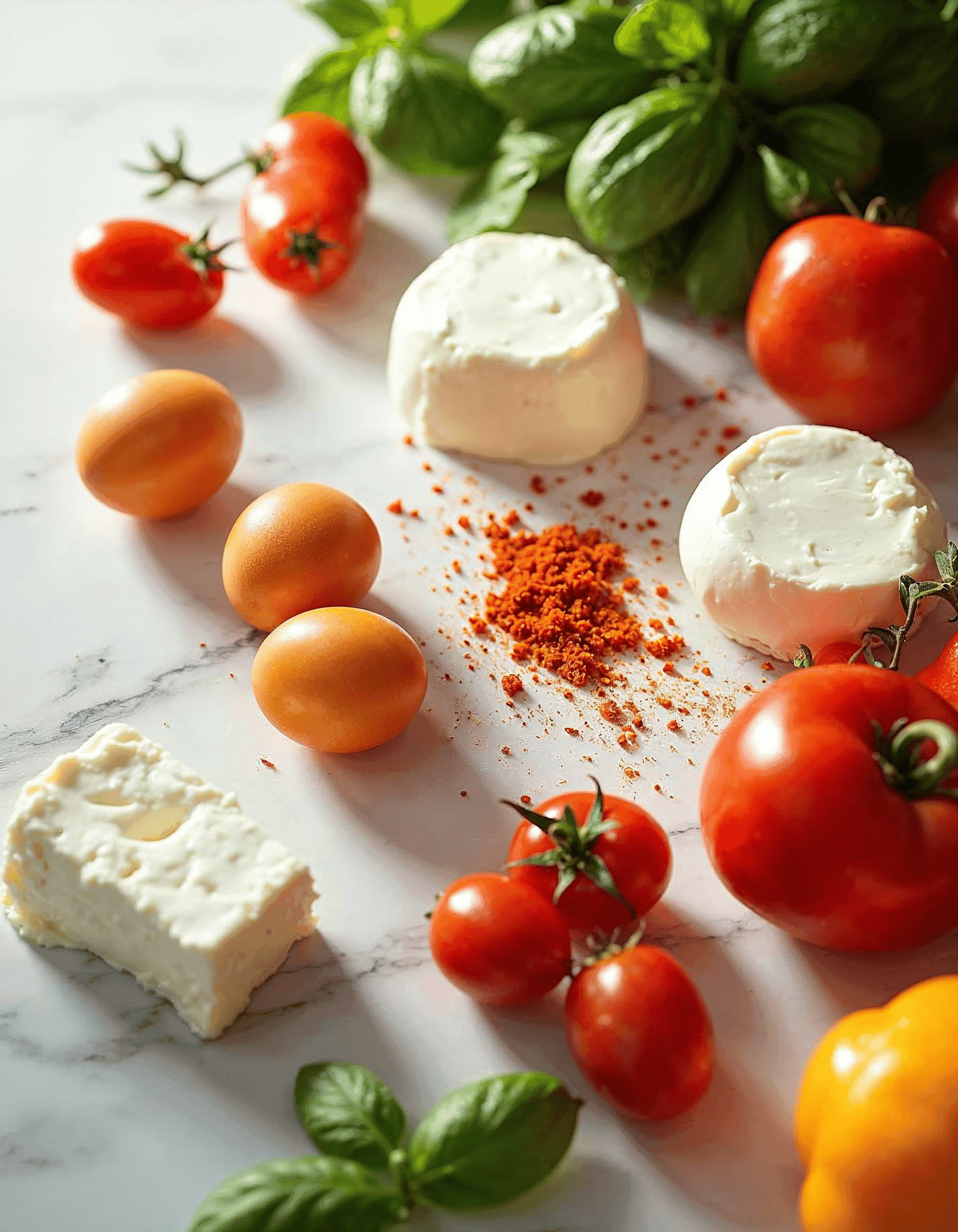 Fresh ingredients for Cloud Bread Pizza on a white marble countertop.