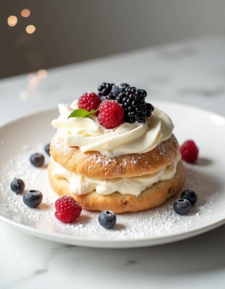 Final dish of Cream Puff Cake with fresh berries.