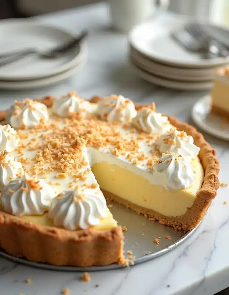 A Final Easy Homemade Coconut Cream Pie topped with whipped cream and toasted coconut.