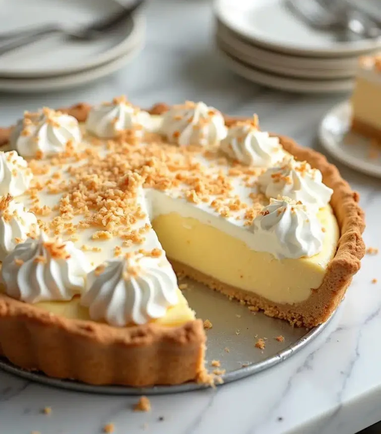 A Final Easy Homemade Coconut Cream Pie topped with whipped cream and toasted coconut.