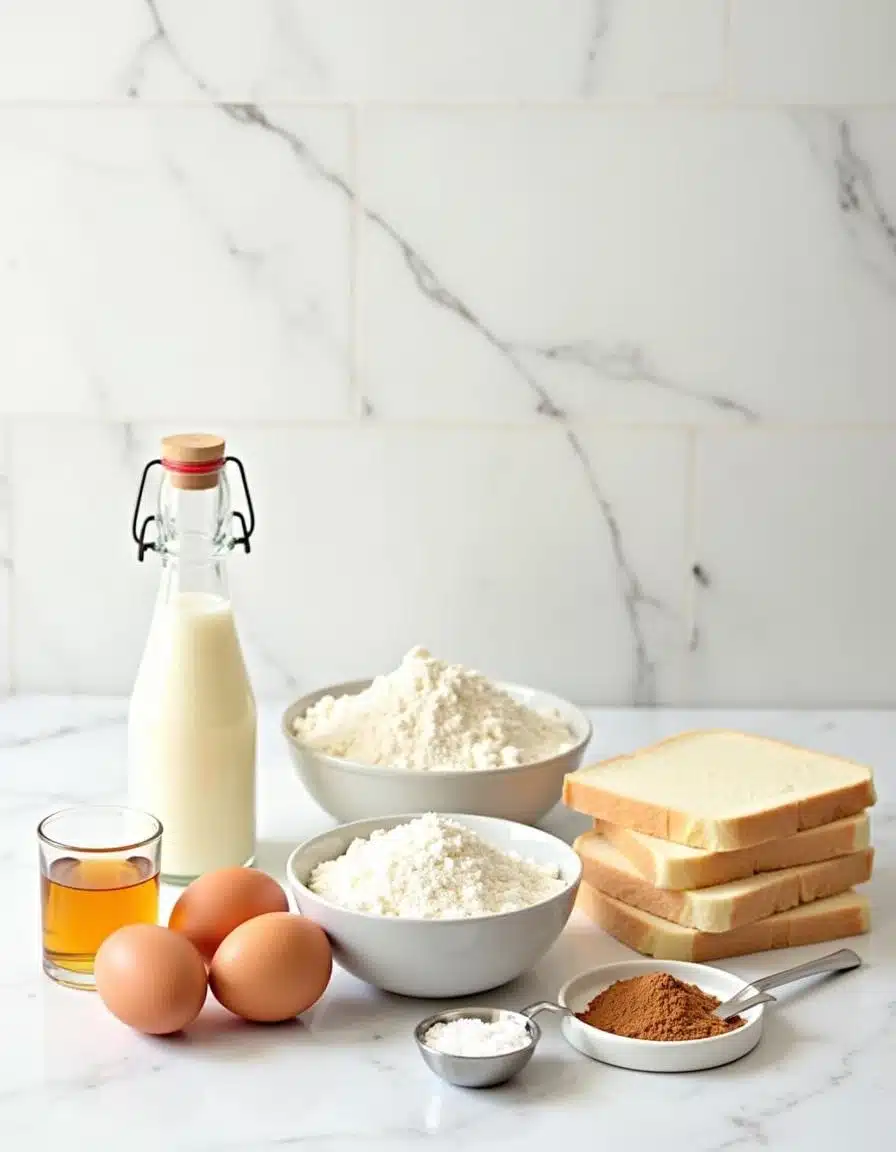 Ingredients for French Toast Recipe: flour, milk, eggs, sugar, vanilla, cinnamon, salt, and bread on a white marble kitchen counter.