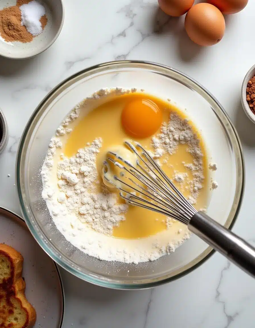 Mixing French toast batter in a bowl with whisk, ingredients like flour, milk, eggs, and cinnamon.