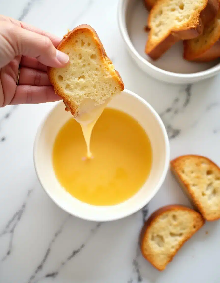 Soaking thick bread slices in French toast batter for a golden, crispy finish.