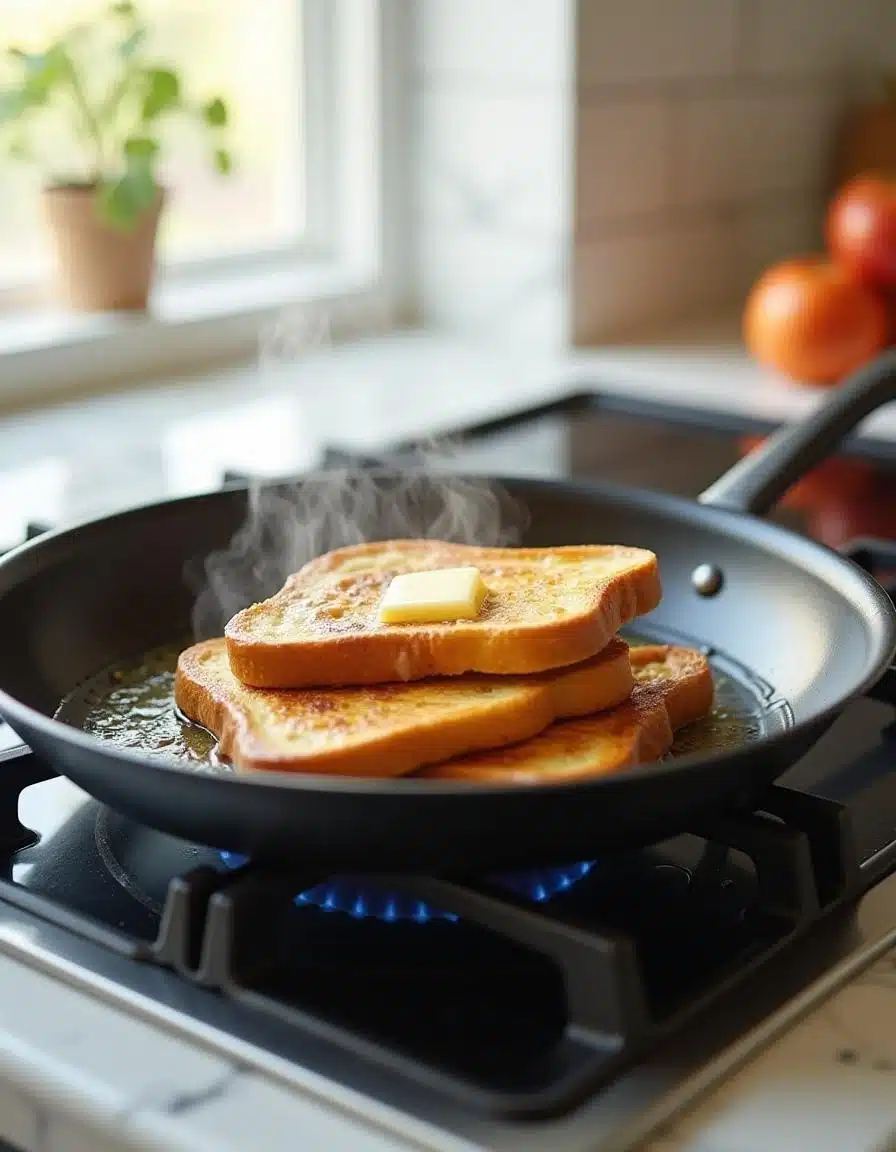 Cooking French toast in a pan with melted butter, golden-brown and crispy.