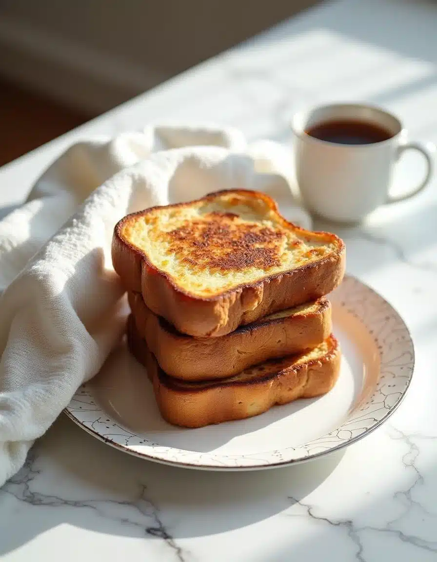 Stacked French toast slices kept warm on a plate, ready to serve.