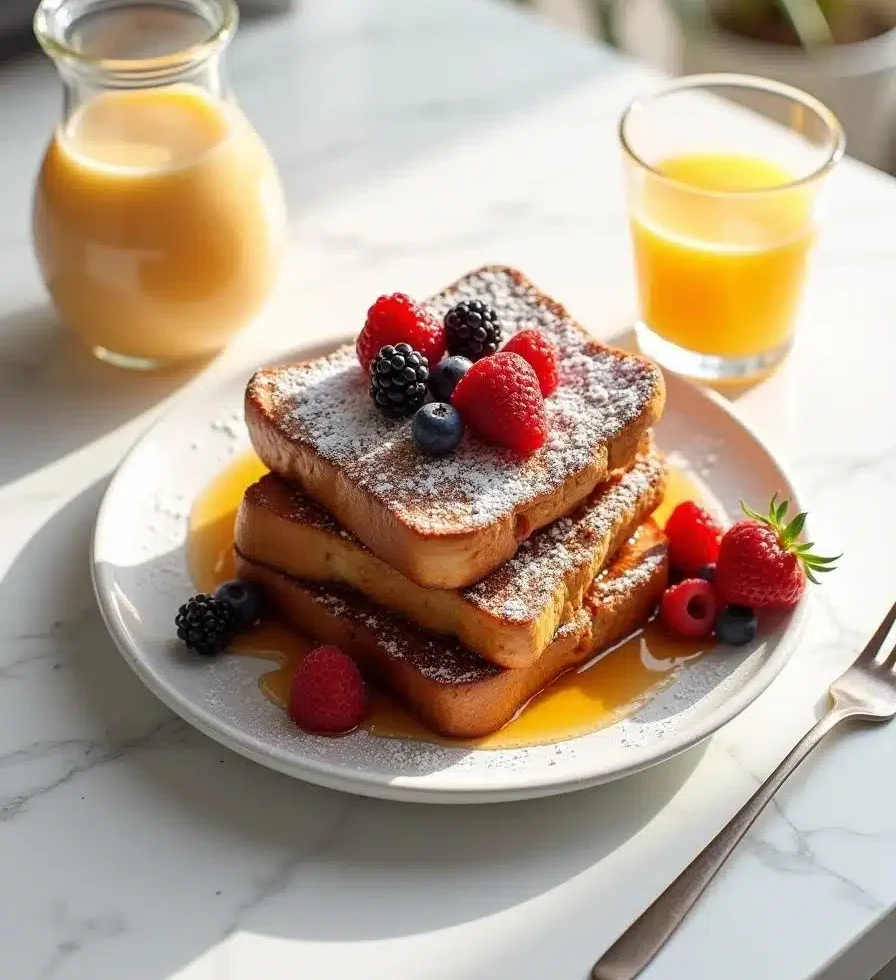 Golden French toast topped with fresh berries, powdered sugar, and maple syrup, ready to enjoy