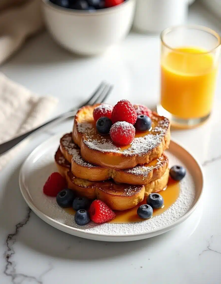 Served French toast with berries, powdered sugar, and maple syrup on a plate