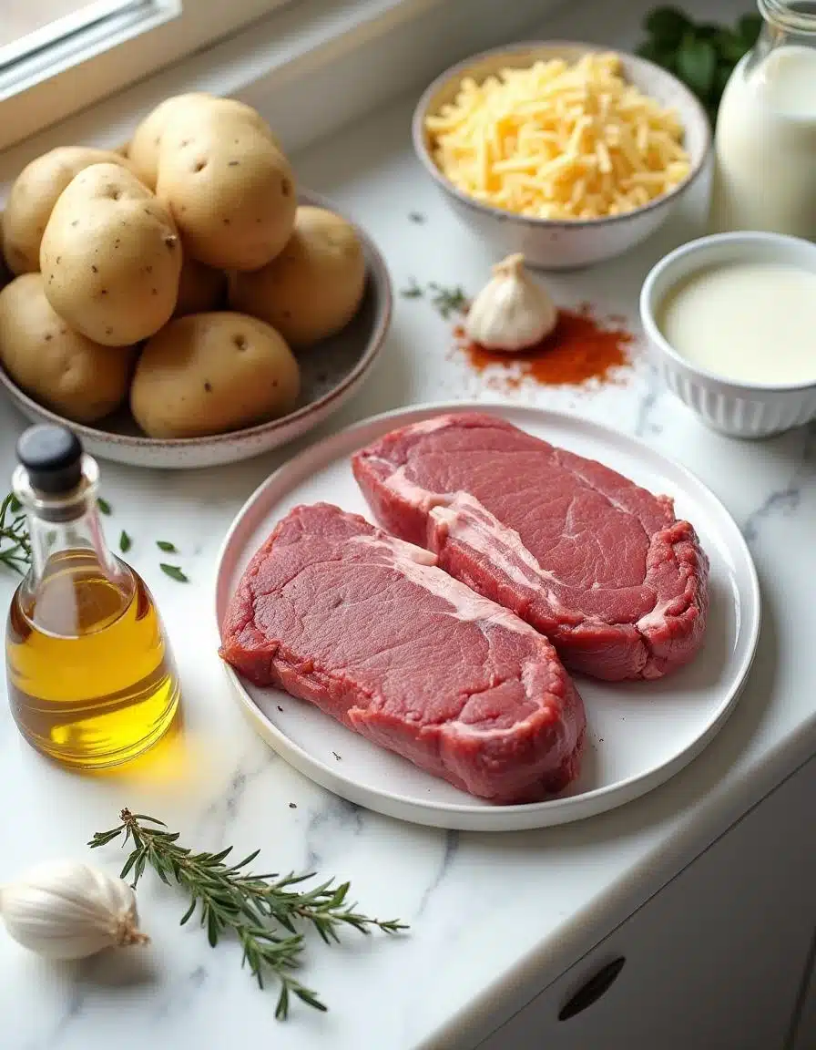 Fresh ingredients for Garlic Butter Beef Chops with Cheesy Potato Bake on a white marble counter.