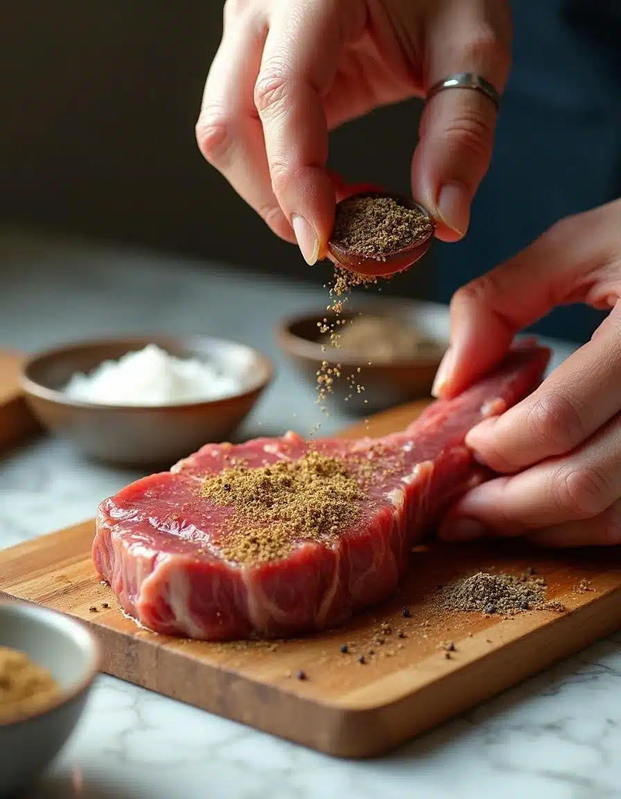 Seasoning beef chops for Garlic Butter Beef Chops with Cheesy Potato Bake.