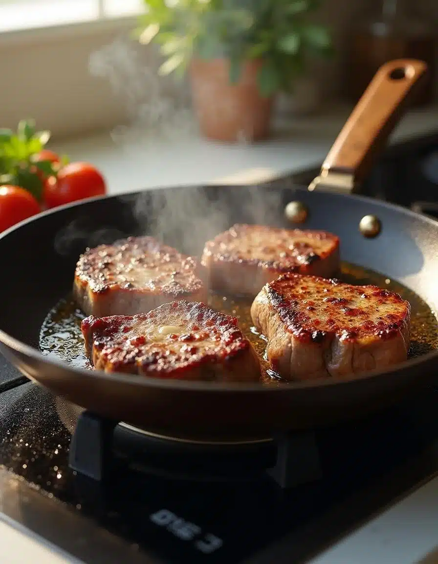 Searing beef chops for Garlic Butter Beef Chops with Cheesy Potato Bake.