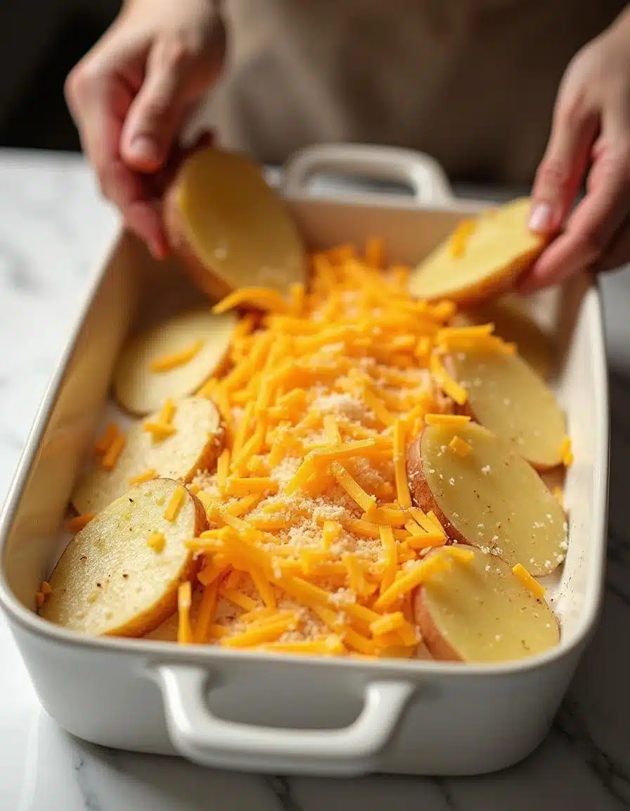 Preparing Cheesy Potato Bake for Garlic Butter Beef Chops.