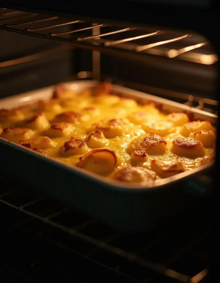 Cheesy Potato Bake baking in the oven for Garlic Butter Beef Chops.