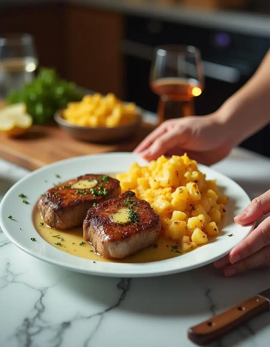 Plating Garlic Butter Beef Chops with Cheesy Potato Bake.