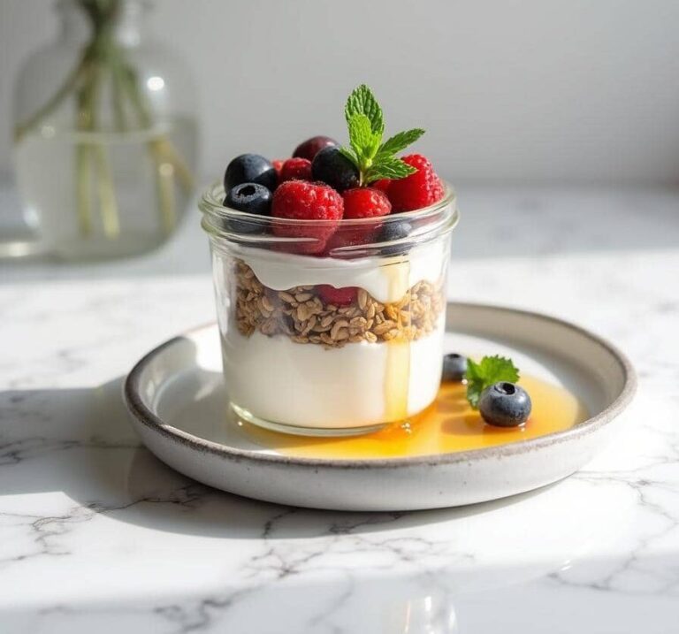 Final dish of Greek Yogurt Parfait with fresh mint and honey.