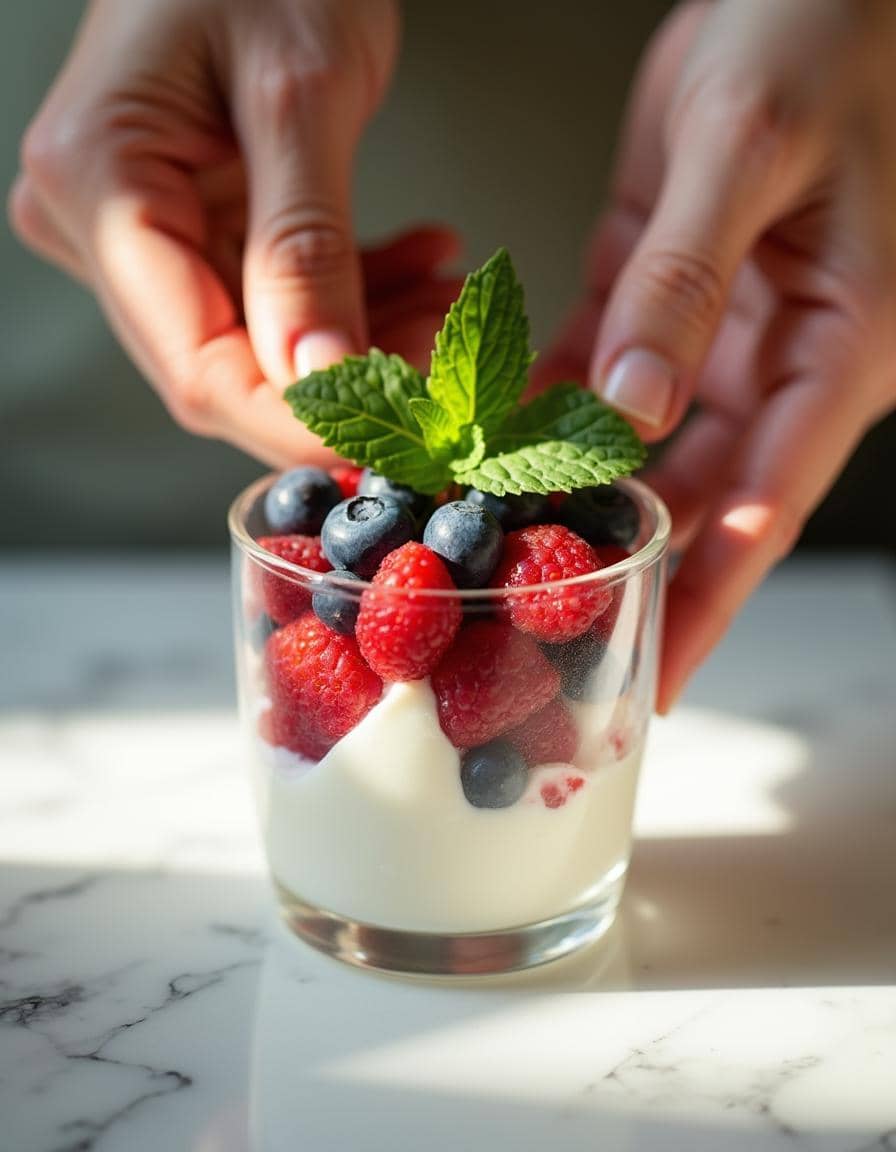 Garnishing Greek Yogurt Parfait with fresh mint.