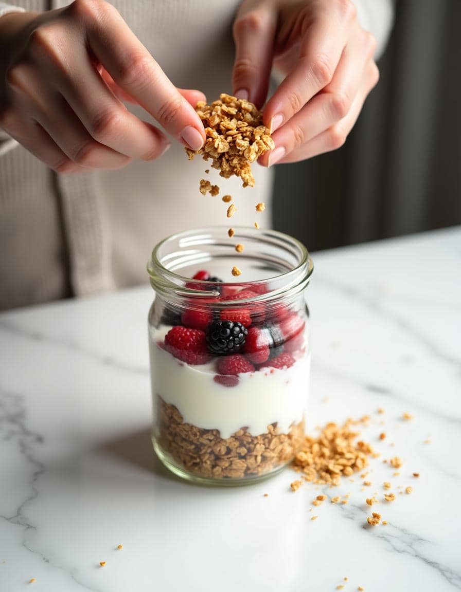 Sprinkling granola on Greek Yogurt Parfait.