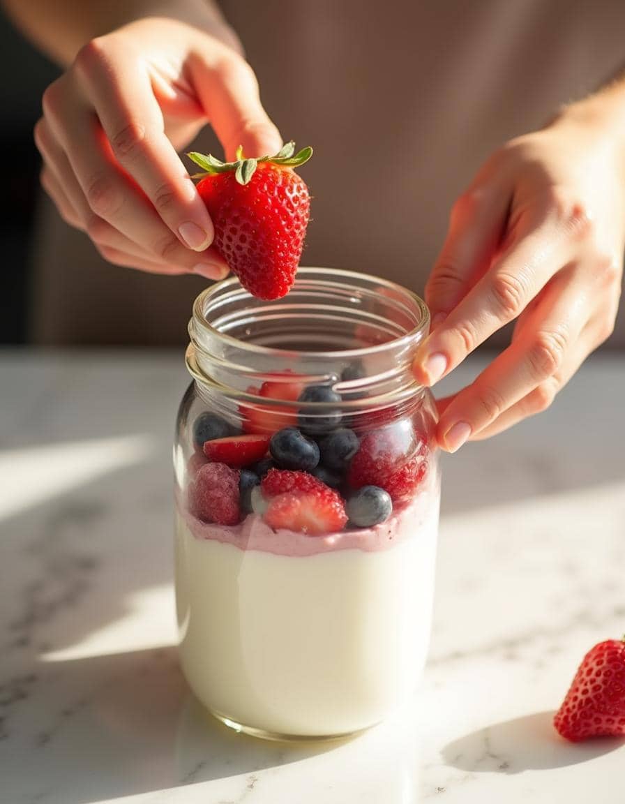 Adding fresh berries to Greek Yogurt Parfait.