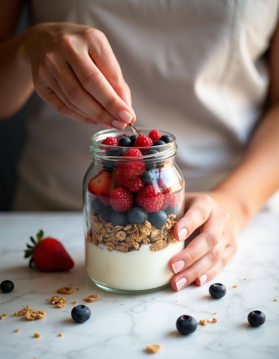 Layering Greek yogurt, berries, and granola in a glass jar.
