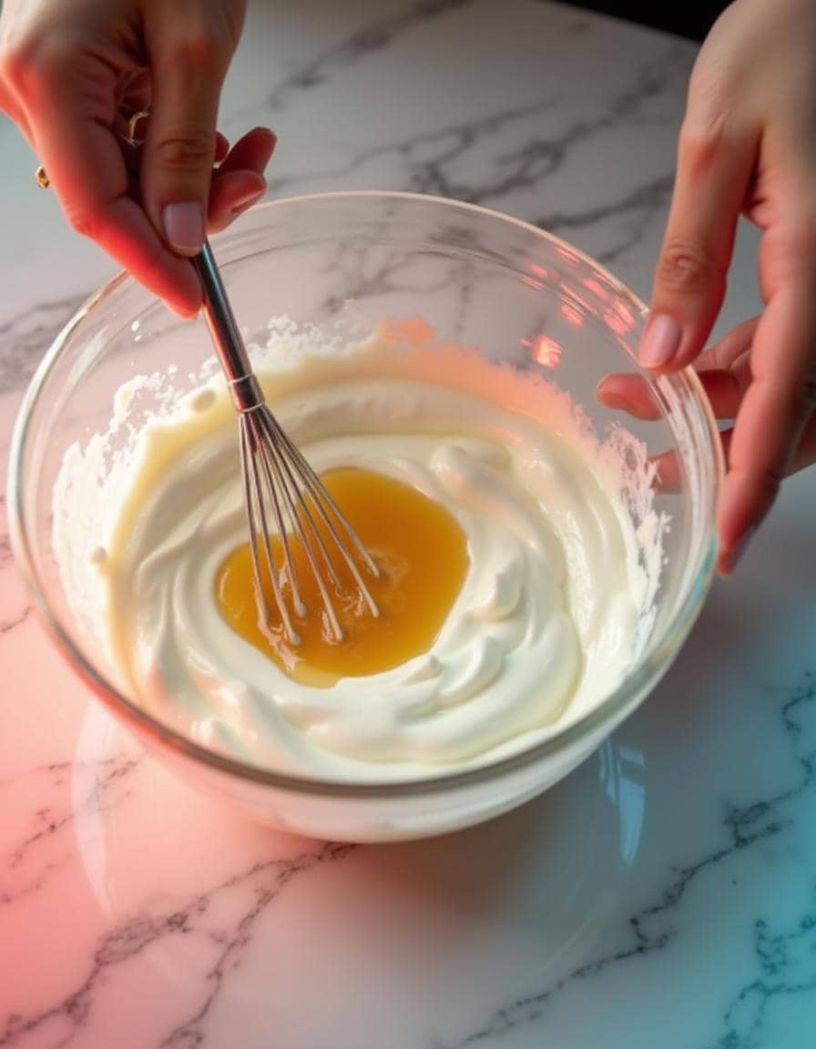 Mixing Greek yogurt with honey and vanilla extract.