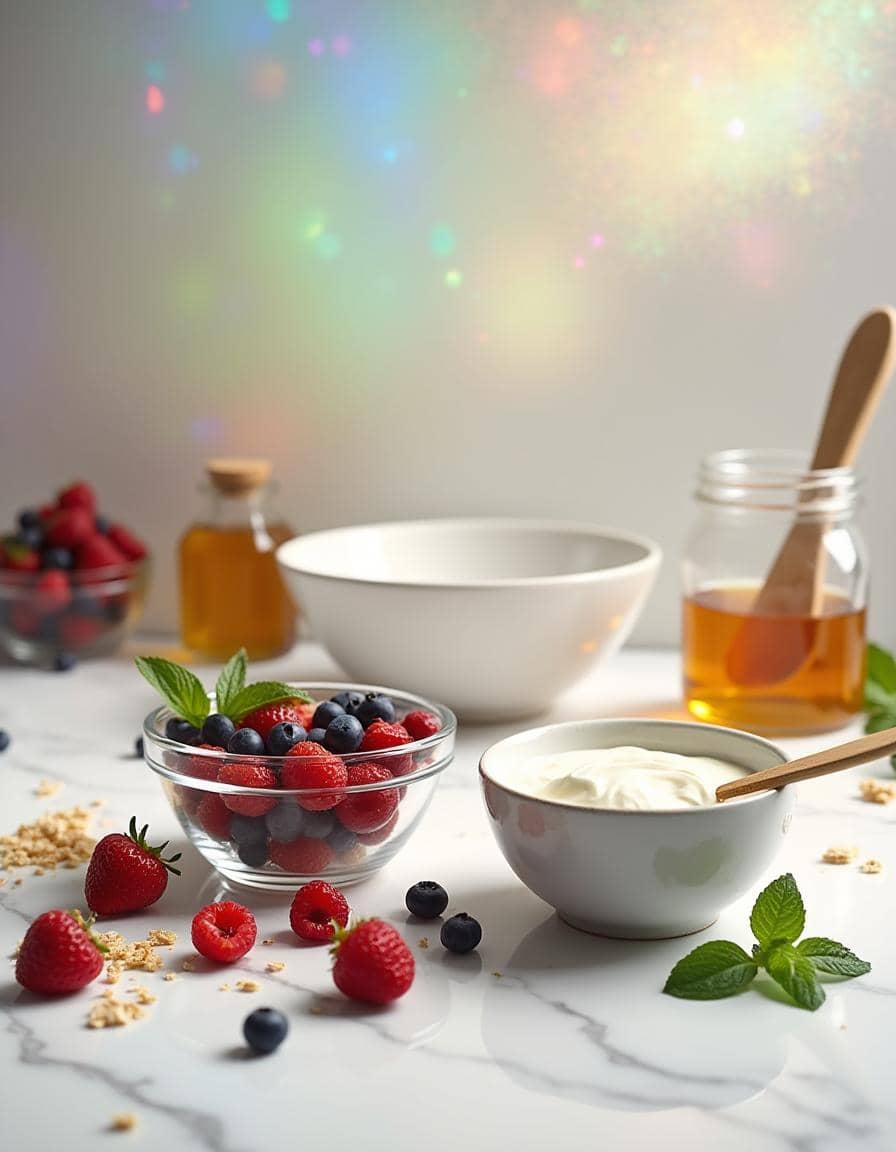 Ingredients for Greek Yogurt Parfait on a white marble counter.