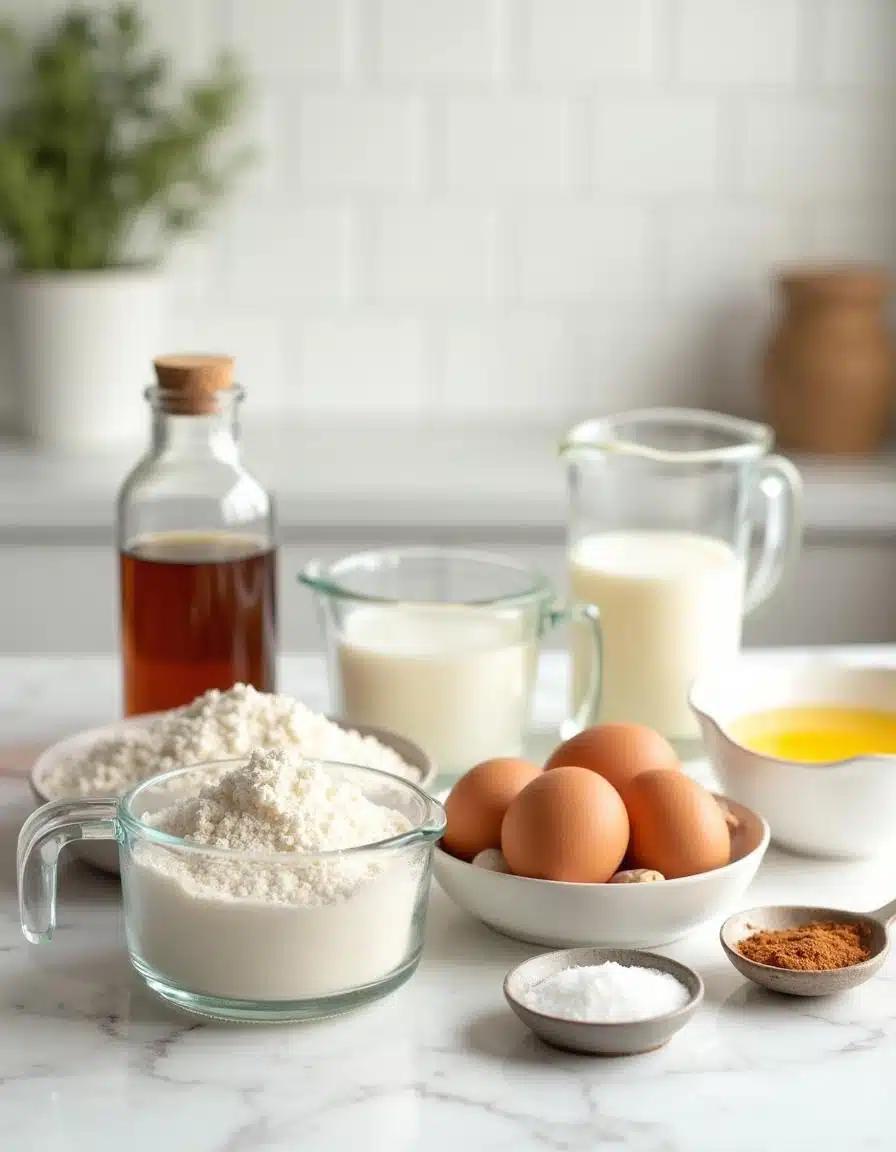 Homemade Belgian Waffle Recipe Ingredients on Kitchen Counter Realistic ingredients for Homemade Belgian Waffle Recipe on a white marble kitchen counter.