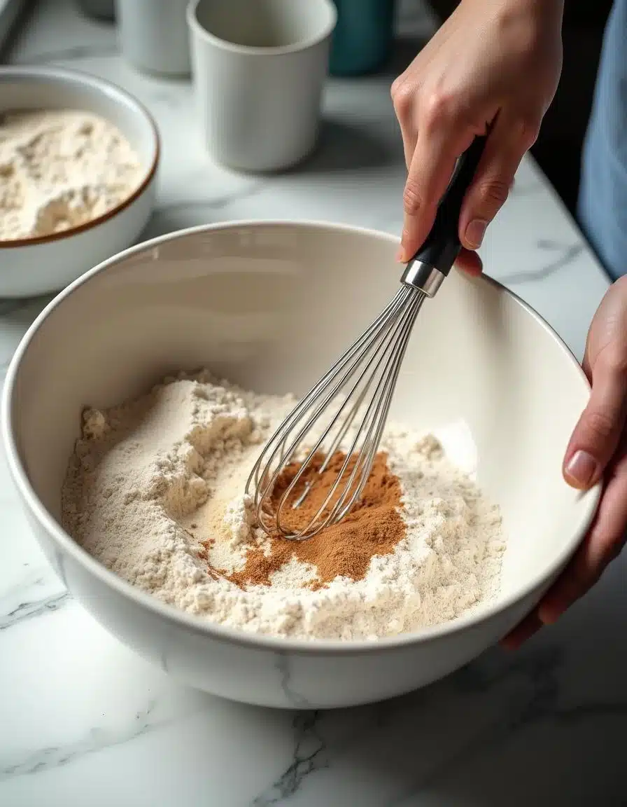 Mixing Dry Ingredients for Homemade Belgian Waffles Mixing dry ingredients for Homemade Belgian Waffle batter on a white marble kitchen counter.