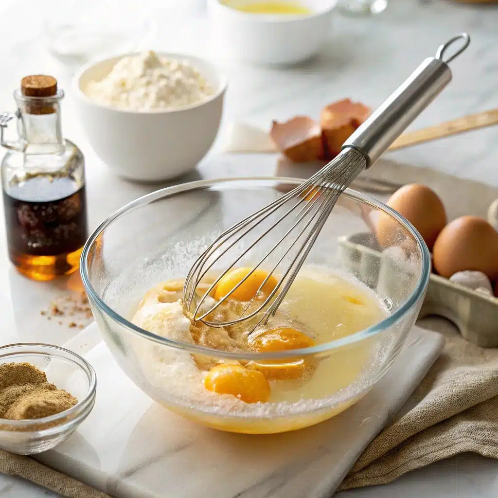 Combining Wet Ingredients for Homemade Belgian Waffles Combining wet ingredients for Homemade Belgian Waffle batter in a modern kitchen.