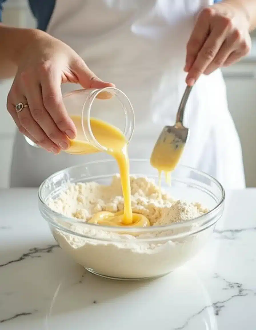 Mixing Wet and Dry Ingredients for Homemade Belgian Waffles Combining wet and dry ingredients for Homemade Belgian Waffle batter in a modern kitchen.