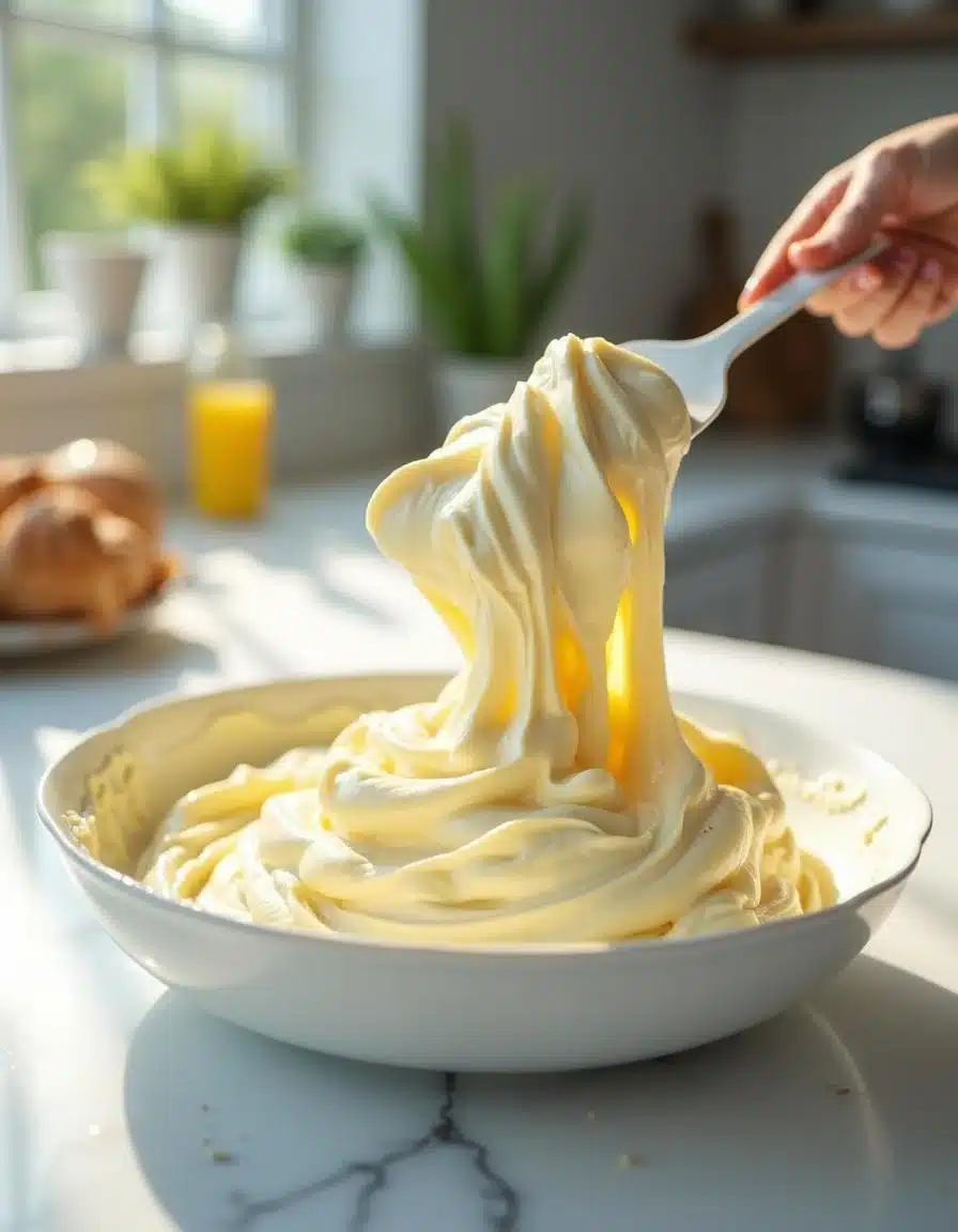 Folding Egg Whites into Waffle Batter Folding whipped egg whites into the waffle batter in a modern kitchen.