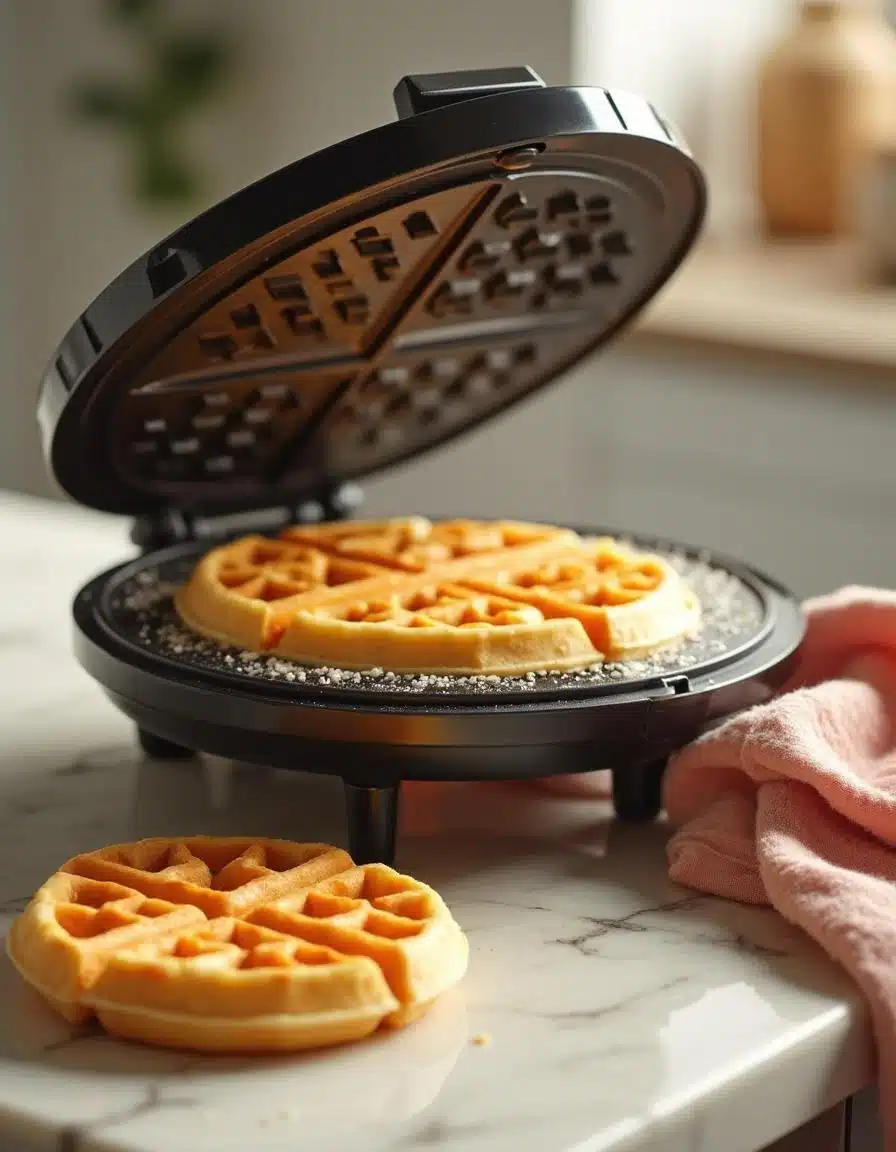 Cooking Homemade Belgian Waffles in a Waffle Iron Cooking waffles in a waffle iron in a modern kitchen.