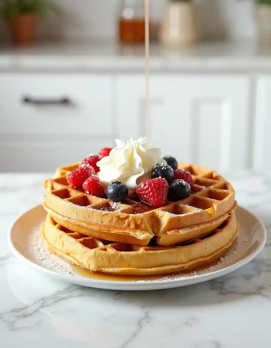 Finished Homemade Belgian Waffles with Toppings Plated Homemade Belgian Waffles with syrup, fruit, and whipped cream.