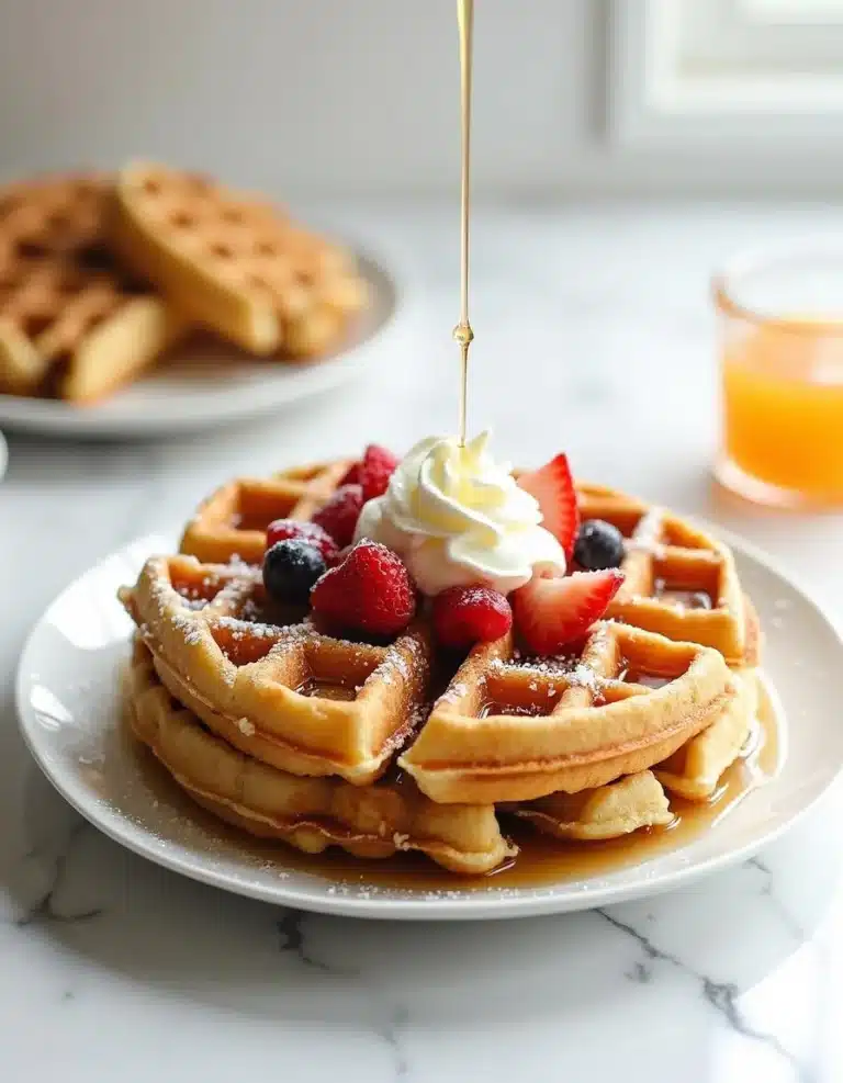 Final Homemade Belgian Waffles with syrup, fruit, and whipped cream.