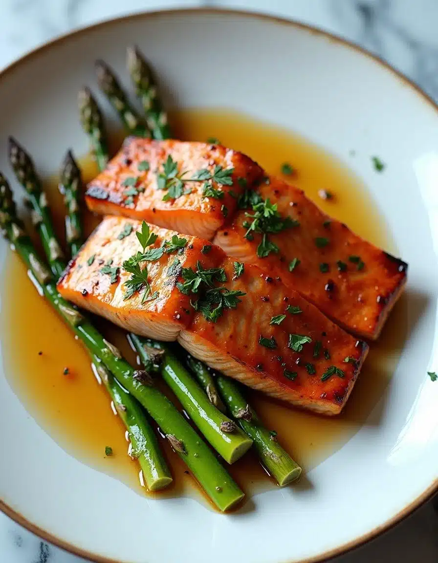 Honey garlic glazed salmon with roasted asparagus, garnished with parsley.