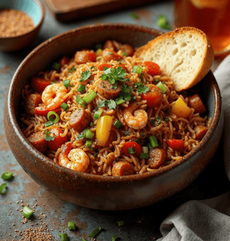 A bowl of jambalaya with shrimp, sausage, and garnishes served with crusty bread.