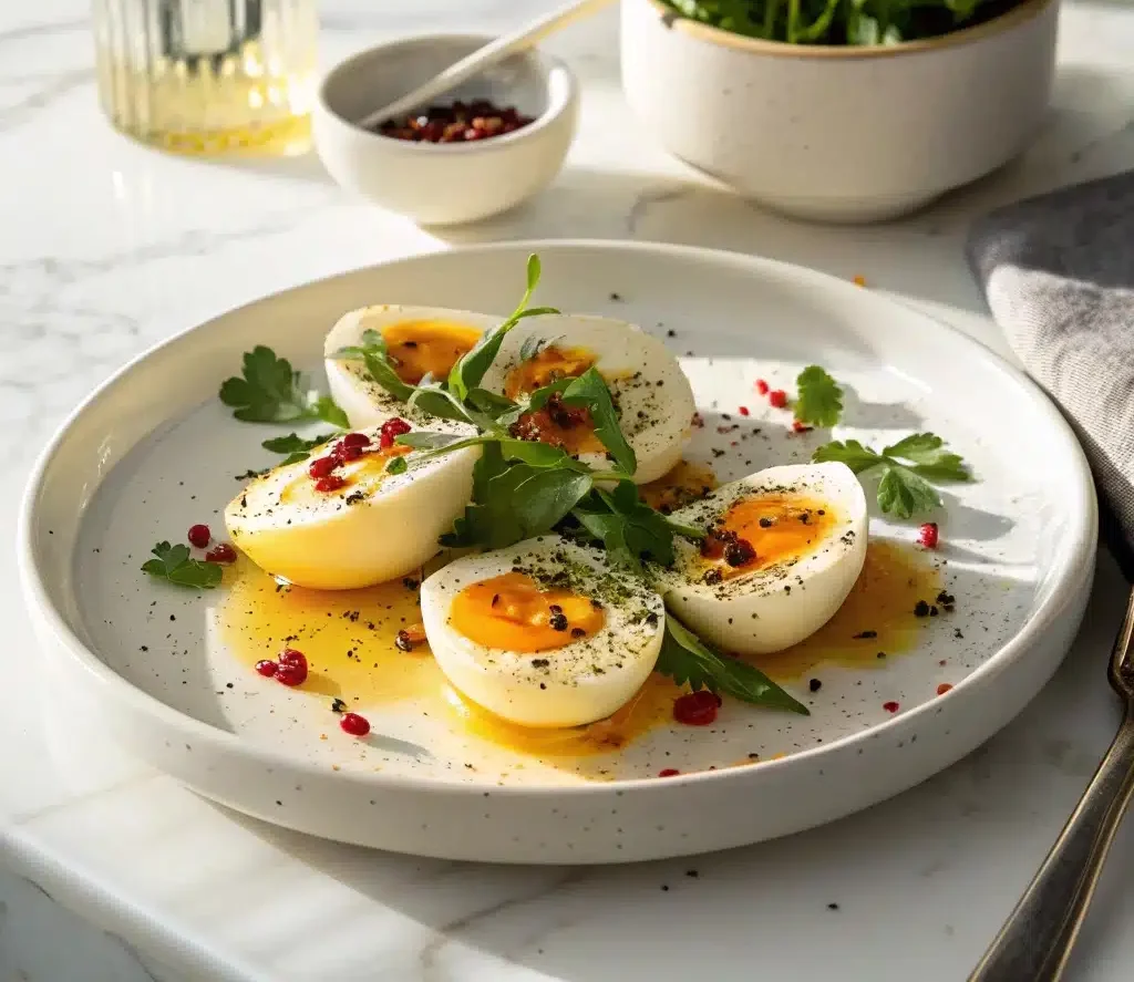 Beautifully presented jammy eggs with toasted sesame oil.