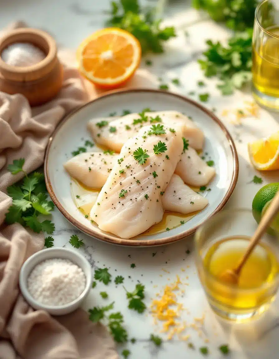 ingredients for Fresh Mahi Mahi fillets seasoned with salt, pepper, and oregano on a white marble counter.