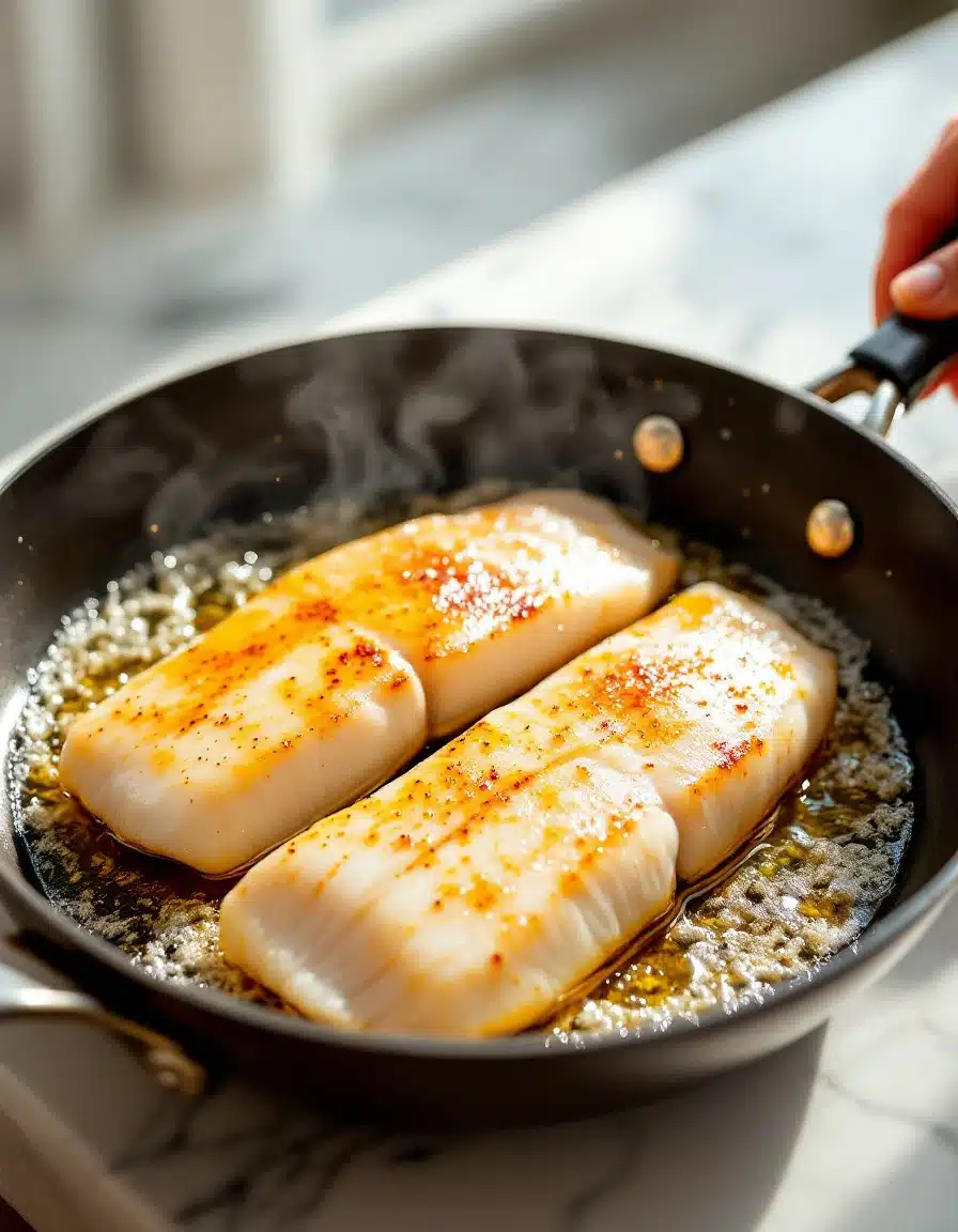 Citrus sauce made with garlic, orange juice, lime juice, and honey in a skillet.