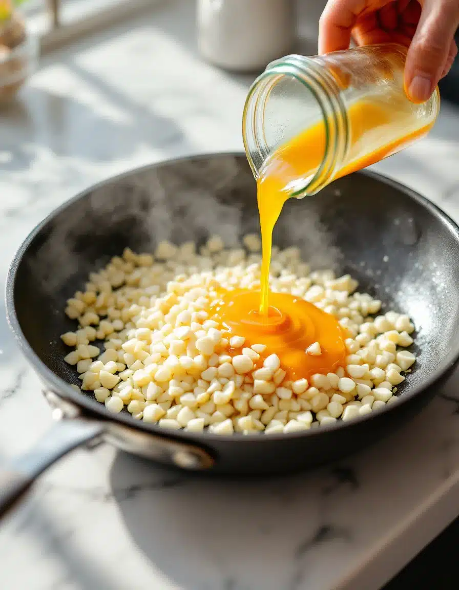 Simmering citrus sauce in a skillet with a wooden spoon.