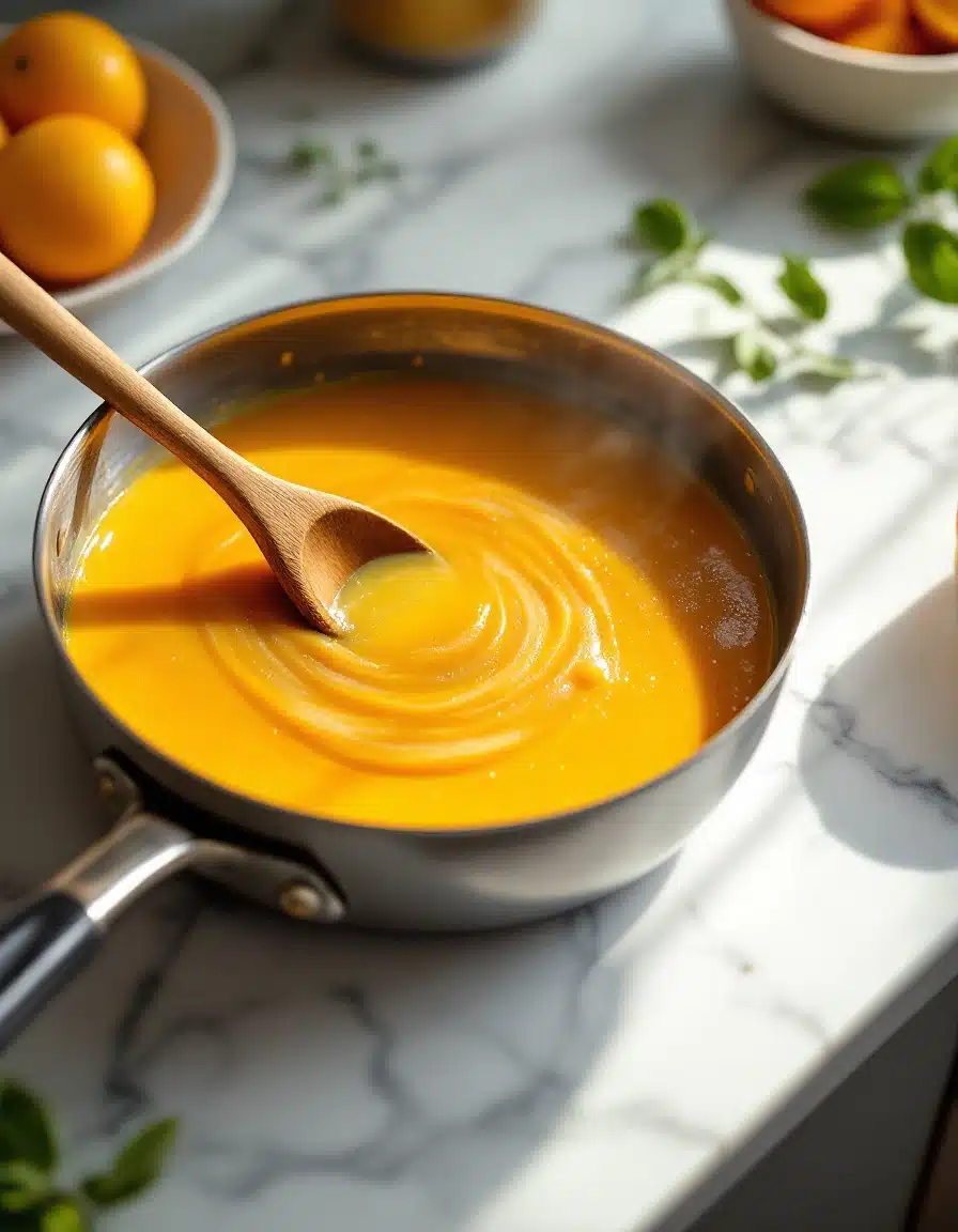 citrus sauce in a skillet with a wooden spoon